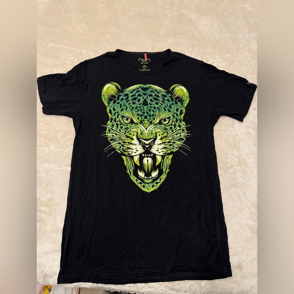 Black T-Shirt with Green Leopard Graphic